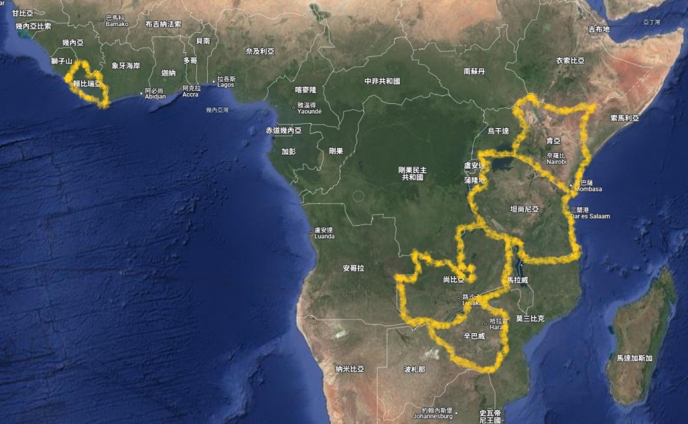 阿聯酋藍碳公司在非洲碳抵換專案的合作國家位置（圖片來源：Google Map，葉小慧再製）