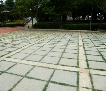 入口廣場舖設花崗岩並留設3公分縫隙植草 黃正銅攝