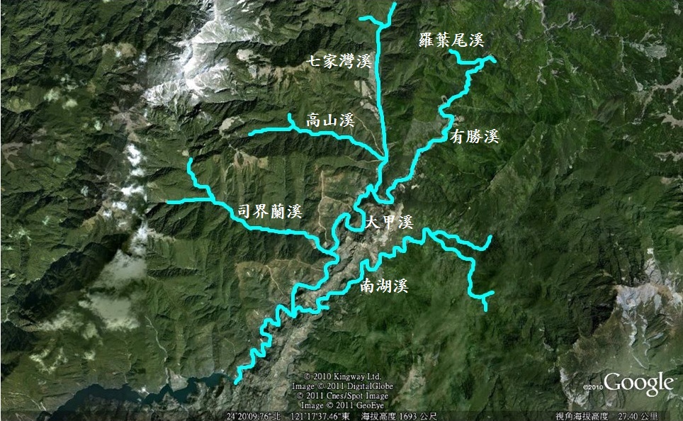 大甲溪上游溪流及各支流分布圖（圖片來源／Google Map）