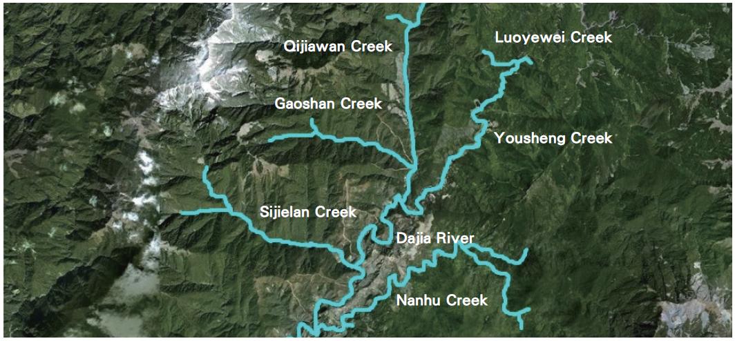 Locations of upper Creek of the Dajia River and their tributaries. (home of the Taiwan Formosan Land-locked Salmon) (PhotographcGoogle Map)
