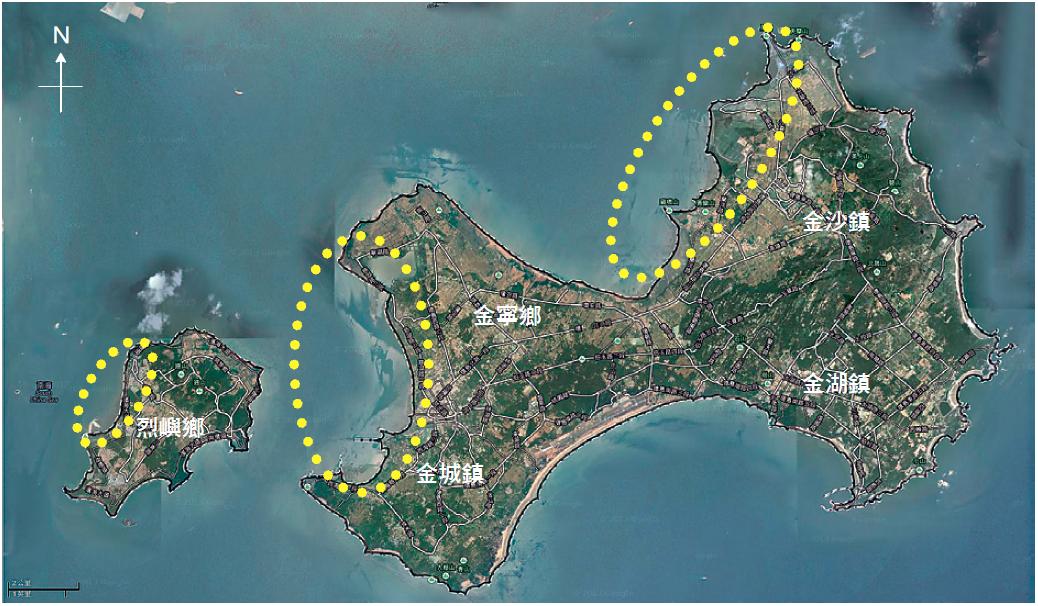 金門地區重要的水鳥棲息地，由左至右為：陵水湖西側灘地與周邊濕地、慈湖濕地至浯江溪口的海岸線、官澳至中蘭的潮間灘地。（圖片來源／Google Map）