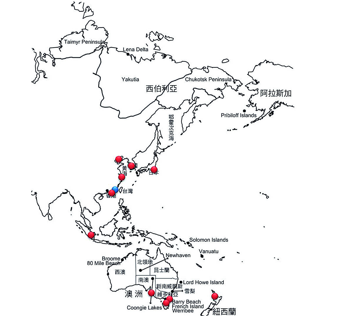 東亞澳洲遷徙線上水鳥族群出現在金門地區的相關圖，藍點為金門，紅點為遷徙線上其他研究地的位置。