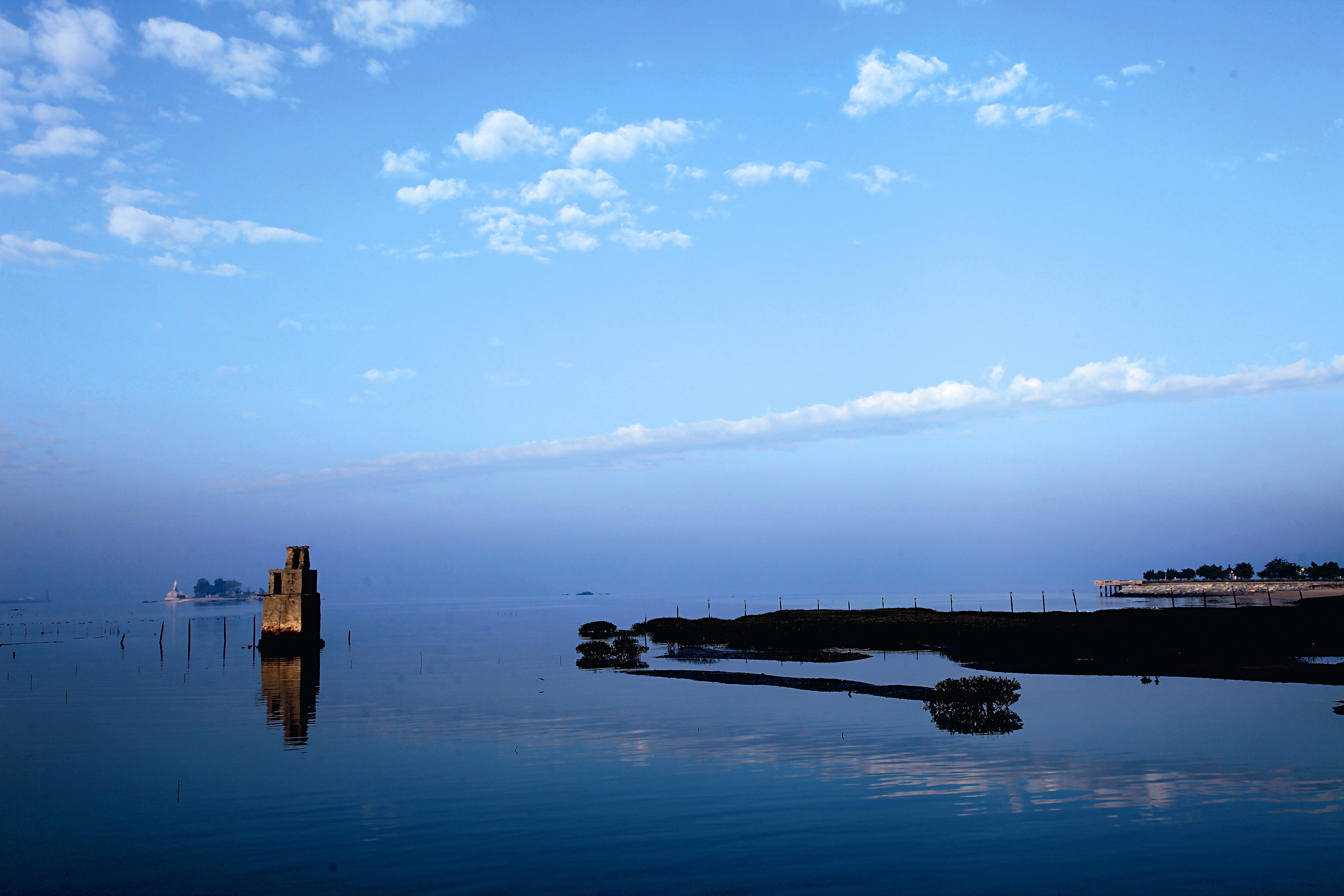 漲潮的浯江溪口，見不到泥灘環境，完全被水淹沒，與右圖相較，可比較漲退潮之間的環境差異。