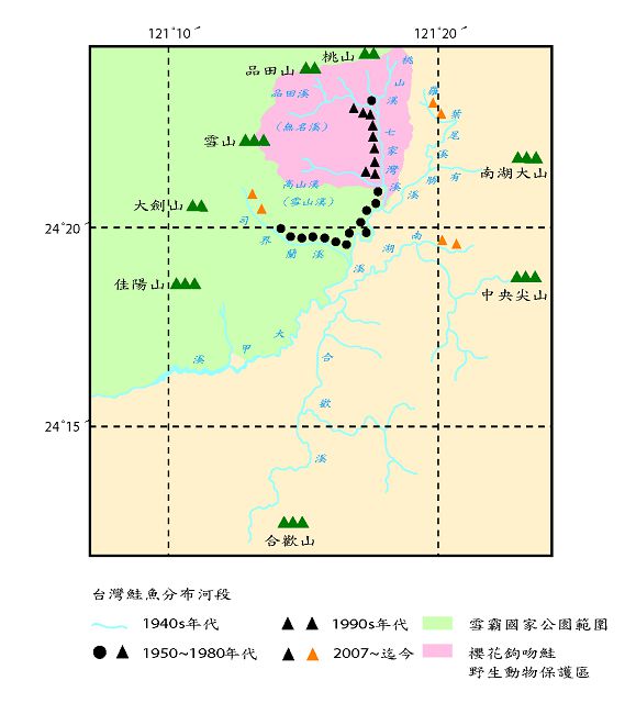 大甲溪上游櫻花鉤吻鮭分布圖／雪管處提供