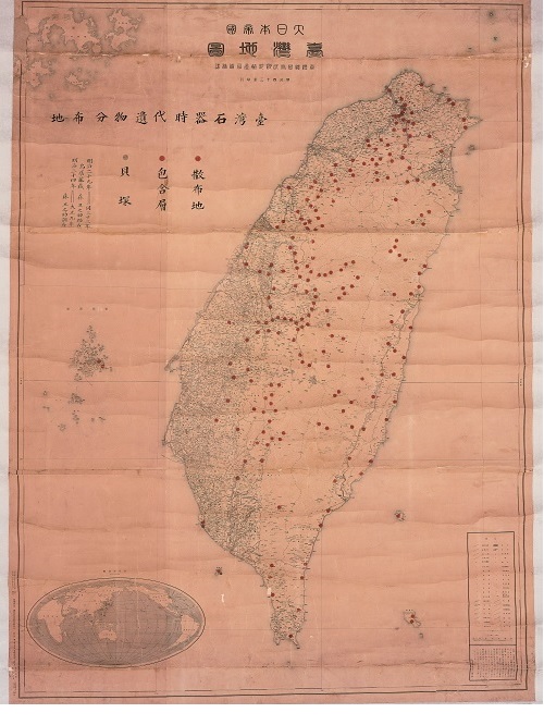 台灣石器時代遺物分佈圖(圖例說明指出此圖匯集1896-1900年鳥居龍藏漢森丑之助踏查、1901-1920年森丑之助調查之成果)