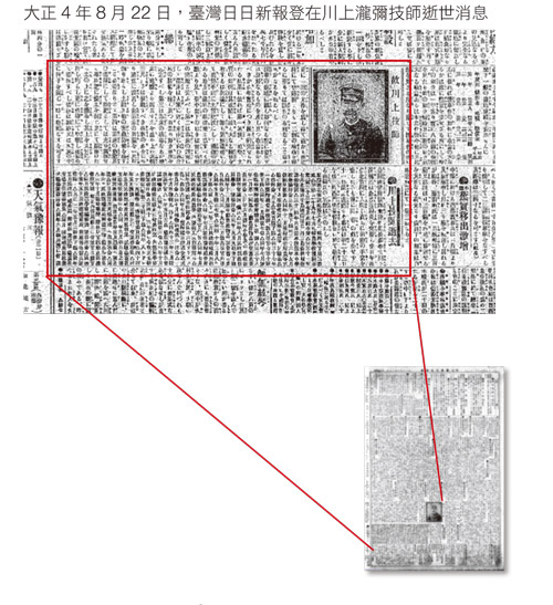 大正4 年8 月22 日,臺灣日日新報登在川上瀧彌技師逝世消息