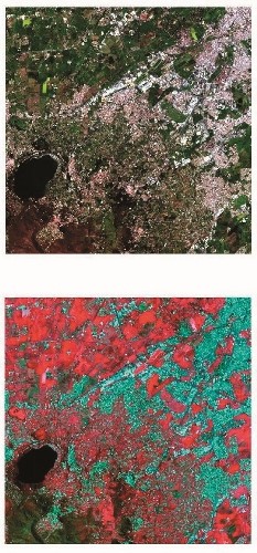 Landsat-8 衛星432 波段（上） 及543 波段（下）的影像差異， 可以強調出不同的地表特徵