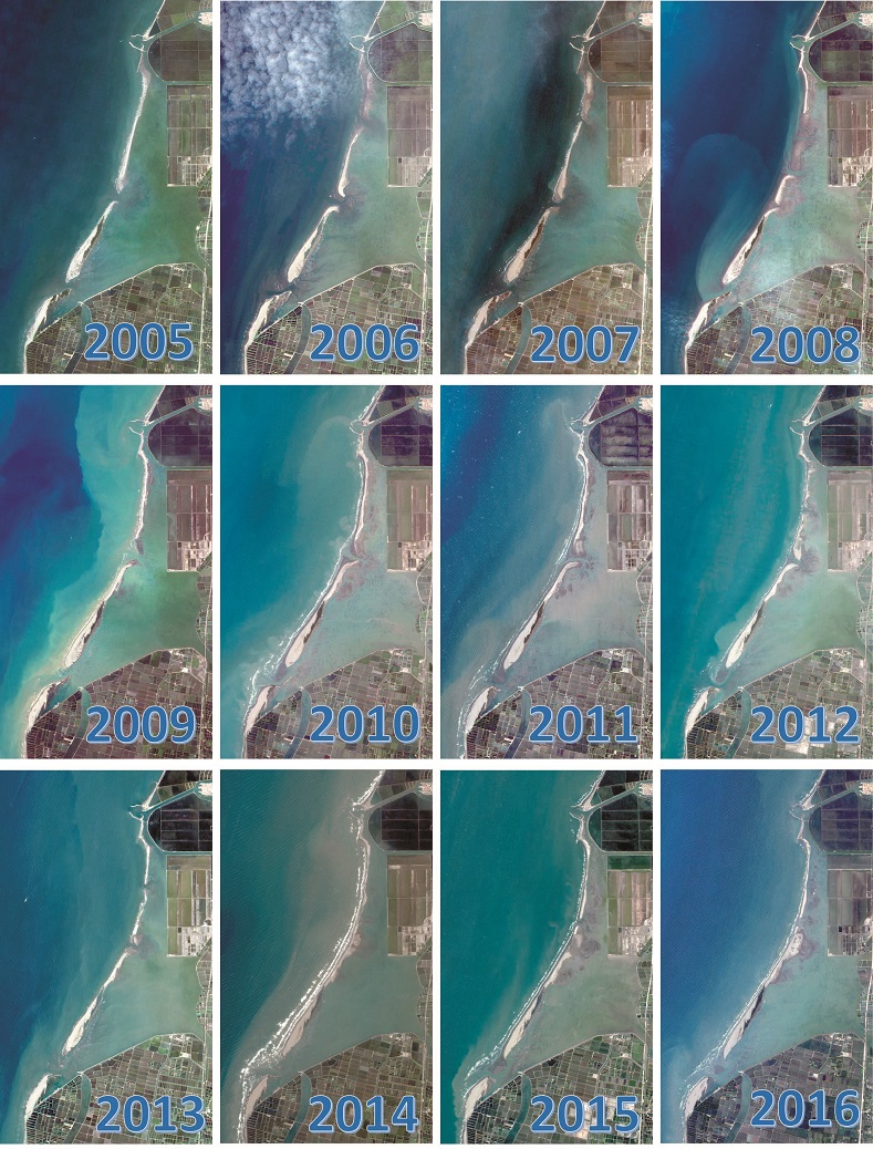 2005 ∼ 2016 年網仔寮沙洲變遷圖（福衛2 號影像圖），顯示出濱海沙洲向陸地退縮／國立成功大學全球觀測與資料分析中心提供