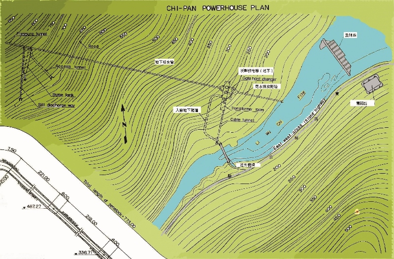 「立霧水力發電計畫」中的「溪畔發電廠」、地下水道與「開關 站」計畫圖