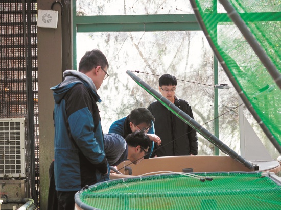 廖林彥主任與研究人員討論鮭魚健康狀態／呂慧穎攝