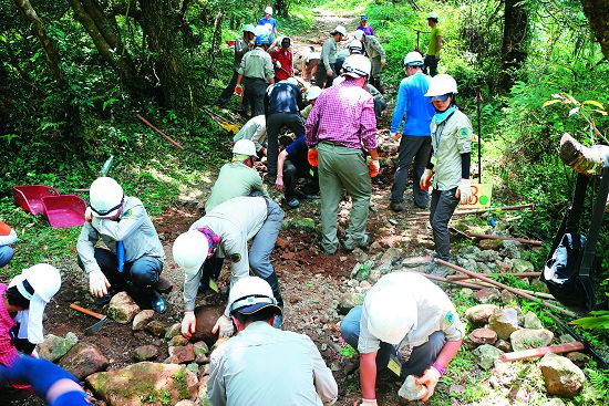 以人力背運、施作，盡量不使用動力機具的方式，進行步道現場的修整。並且依地形地勢調整洩水坡度，依序加設補強基樁、鋪墊路基、表面再以沙土鋪設後並鋪上落葉。／陽管處提供