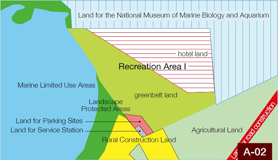 Recreation Area I Detail Plan in 2012, divided into the red colored hotel land and green colored greenbelt land