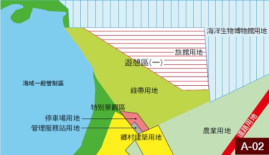 2012年,遊憩區(一)細部計畫,劃分為紅色旅館用地,綠色綠帶用地。