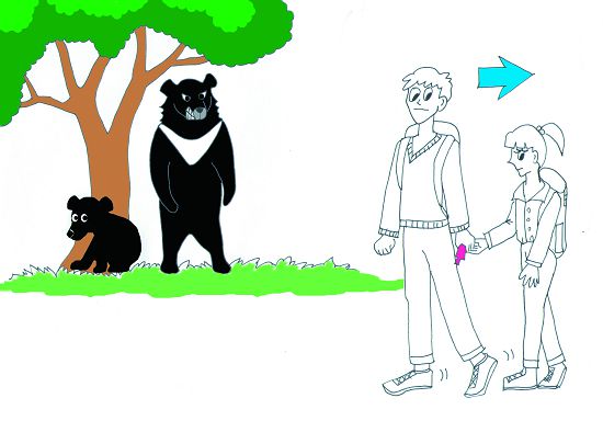 近距離遭遇黑熊盡力保持冷靜，觀察周遭撤退路線，等待黑熊經過後再緩緩離開。建議預備防身噴霧劑，以備不時之需
