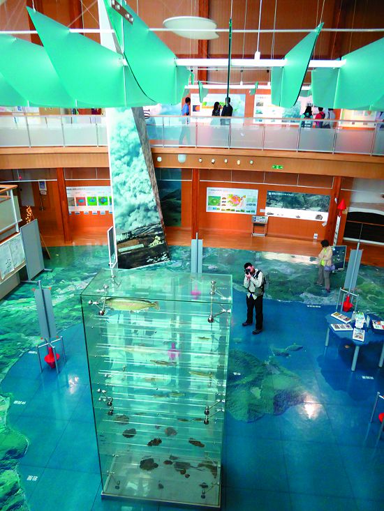 洞爺湖遊客中心二層樓中庭挑高設計，地面搭配洞爺湖的巨幅火口湖衛星照片，玻璃櫃中則是按照水深分層介紹魚類