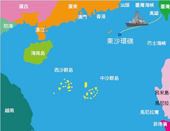 從高雄真愛碼頭出發到東沙環礁,距離約為240海浬(444公里),船行歷時約20小時/吳建旺繪