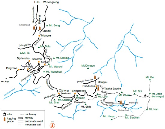 The 15-mile hiking trail map of Tataka recreation area. / Source: Yushan National Park Headquarters, re-illustrated by Chien-Wang Wu