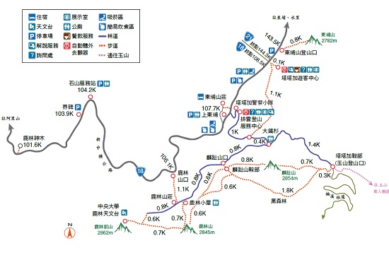 塔塔加遊憩區15公里步道路線圖／ 資料來源：玉山國家公園管理處，吳建旺重繪
