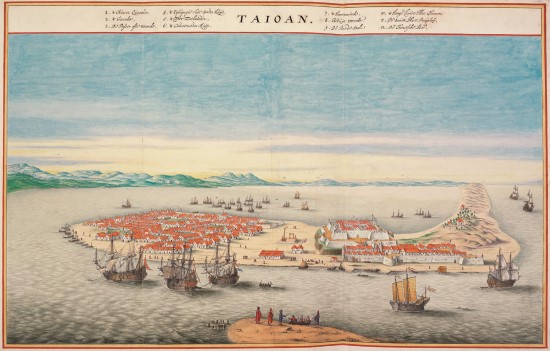 從17 世紀荷蘭東印度公司所繪之大員鳥瞰
圖中可以清楚看到台江內海風貌／資料來
源：創用CC