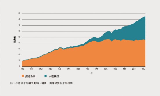 世界捕撈漁業及水產養殖產量（資料來源：2018年《世界漁業與水產養殖狀況》雙年報（The State of World Fisheries and Aquaculture 2018））