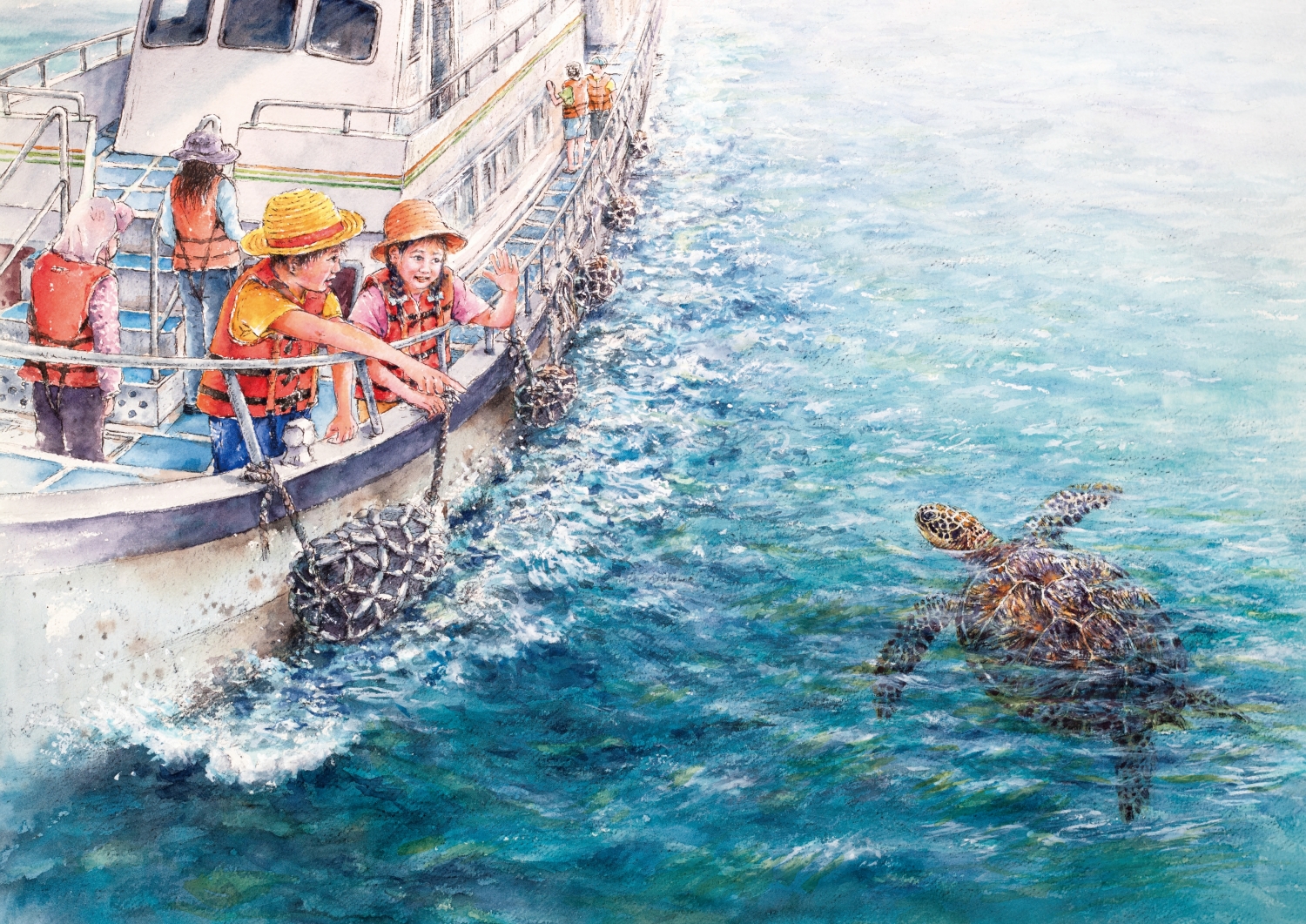 《阿清與小蘭的海角樂園》繪本-海邊船上觀海景色 