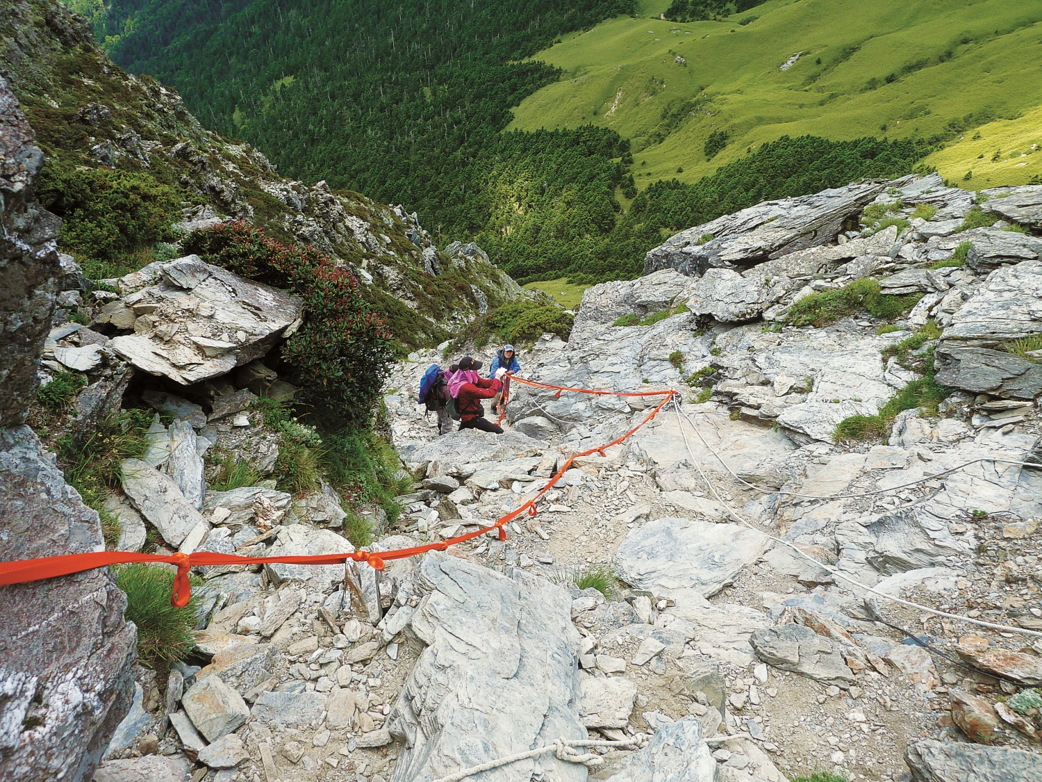 志工們在險峻環境下加強奇萊北峰危險路段的繩索/太管處 提供