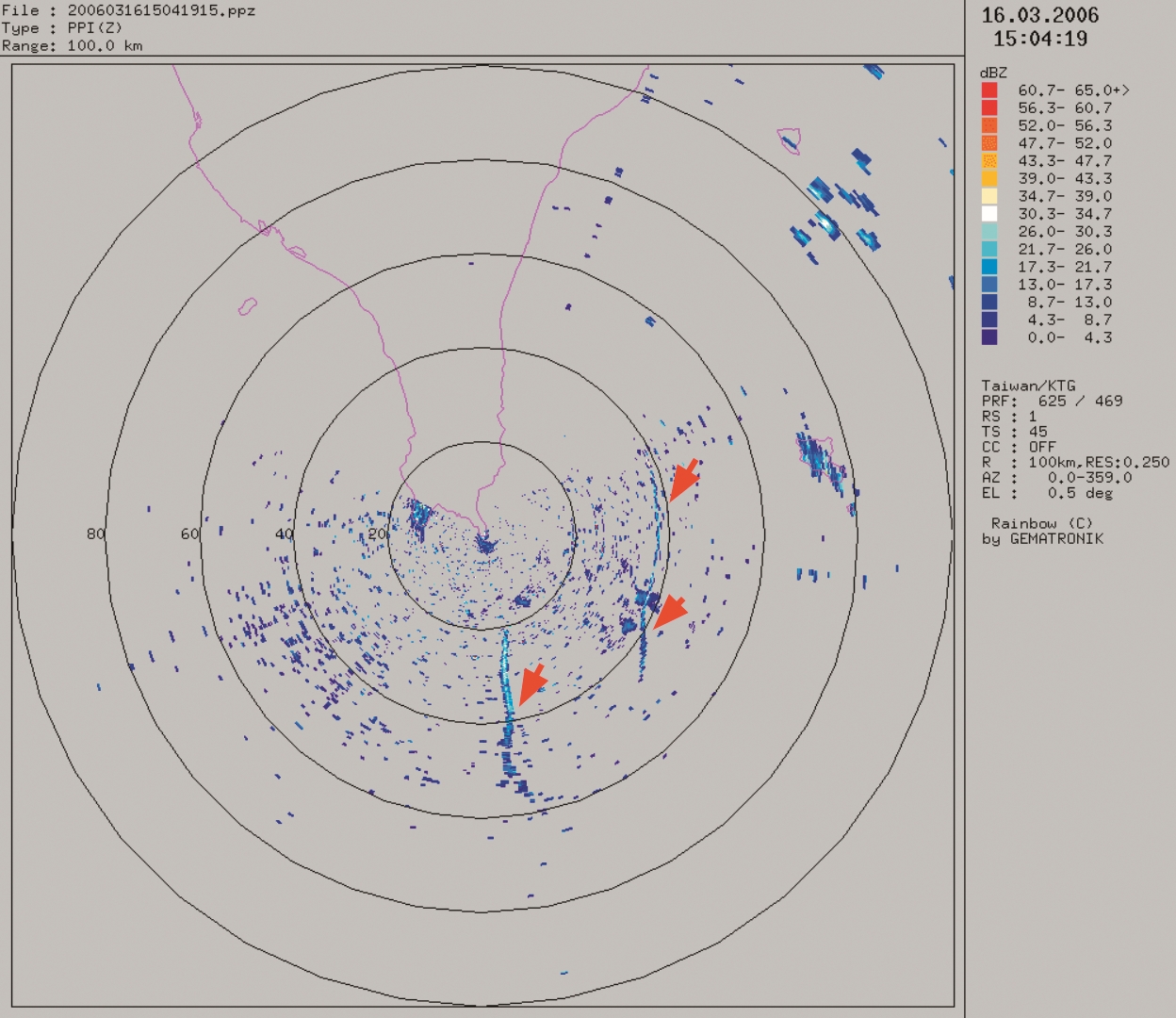 紅色箭頭標示著春返的灰面鵟鷹群,最長的一條鷹河長寬約40×2 公里,推算有6,000 隻灰面鵟鷹/孫元勳 提供