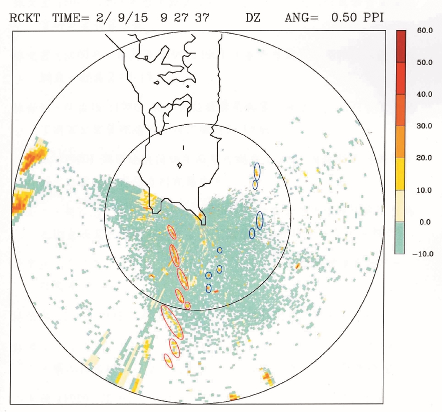 臺灣第一張氣象雷達觀測赤腹鷹南遷回波圖（2002 年）。紅圈為可由地面觀測的鷹群，藍圈為地面觀測遺漏的鷹群／鄧財文 提供