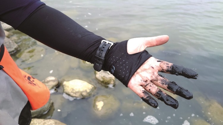 ｜採補環文蛤時，手上沾染的黑土，是有機質堆積的結果／邱郁文 攝
