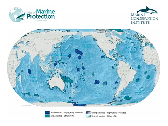 至2020年為止的全球海洋保護區範圍，斜線處僅劃定但尚未實施／Kaiwahine22 提供