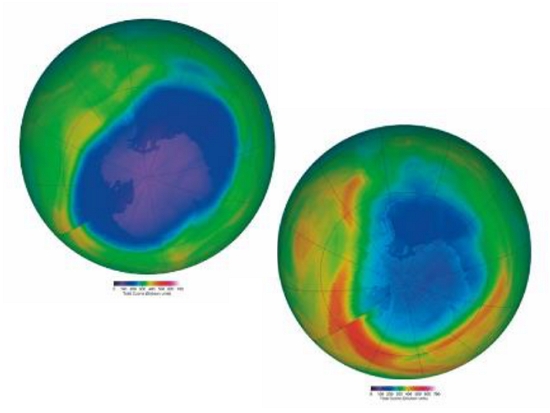 臭氧層破洞範圍最大之日1982年與2022年之比較