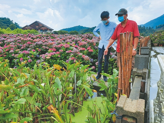 輔導單位與農友一同查看花田狀況／慈心基金會 提供