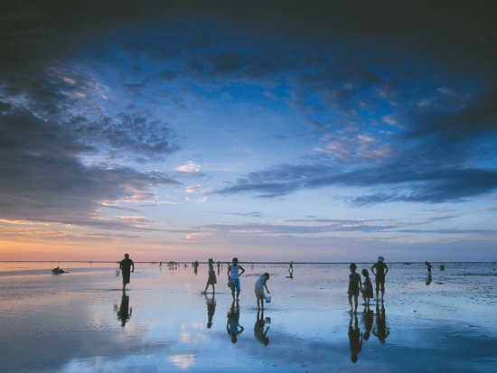 於高美濕地弄潮戲水的民眾（游一志攝）