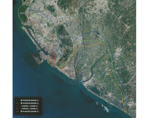 高雄平原區域海岸線變遷（古海岸線分布參考改繪自陳文山、宋時驊、吳樂群、徐澔德、楊小青，2005，〈末次冰期以來臺灣海岸平原區的海岸線變遷〉）