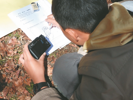 學生聚精會神在學習單上描繪鳥類特徵／雲林縣立樟湖生態國民中小學 提供