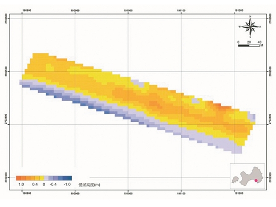     新頭海岸高程變化分析，藍色為侵蝕，橘色為堆積，圖為2023 年 8 月至 10 月高程變化