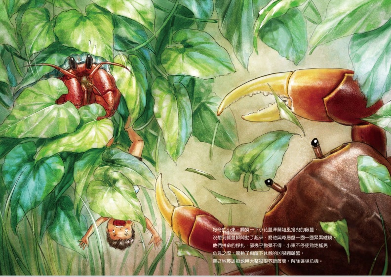 小東遭遇了外來種小花蔓澤蘭的侵襲，幸而獲得一旁凶狠圓軸蟹的幫助(國家公園網站編輯小組提供)
