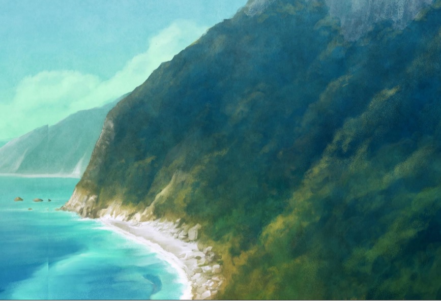 因為板塊擠壓，海底中央的大石頭被推擠到海面上，逐漸形成陸地，且東邊變成了陡峭的懸崖