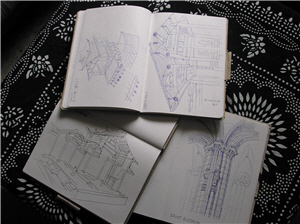 李教授全力投入傳統建物的研究與保存，複雜的建物透視圖與詳盡的研究資料可見一斑/李乾朗攝