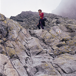 Red-and-black indicating posts on the rocks will guide the mountaineers in the Tatra National Park. 