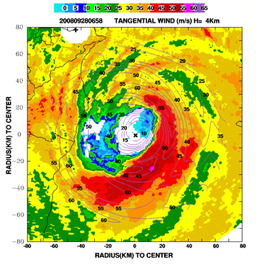 The Doppler radar observations of Typhoon Jangmi in 2008. The white and