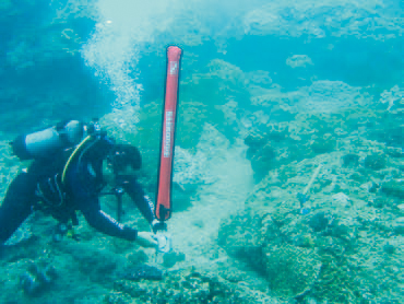 The researcher left the buoy under the sea and located the GPS position of the monitoring spot from above the sea. / Photo provided by Dr. Tung-yung Fan