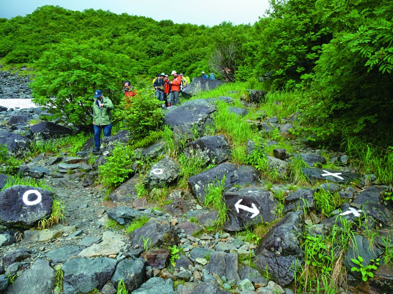 登山步道除了在重要叉路口設有指示牌外，也會在石塊漆上白漆指引