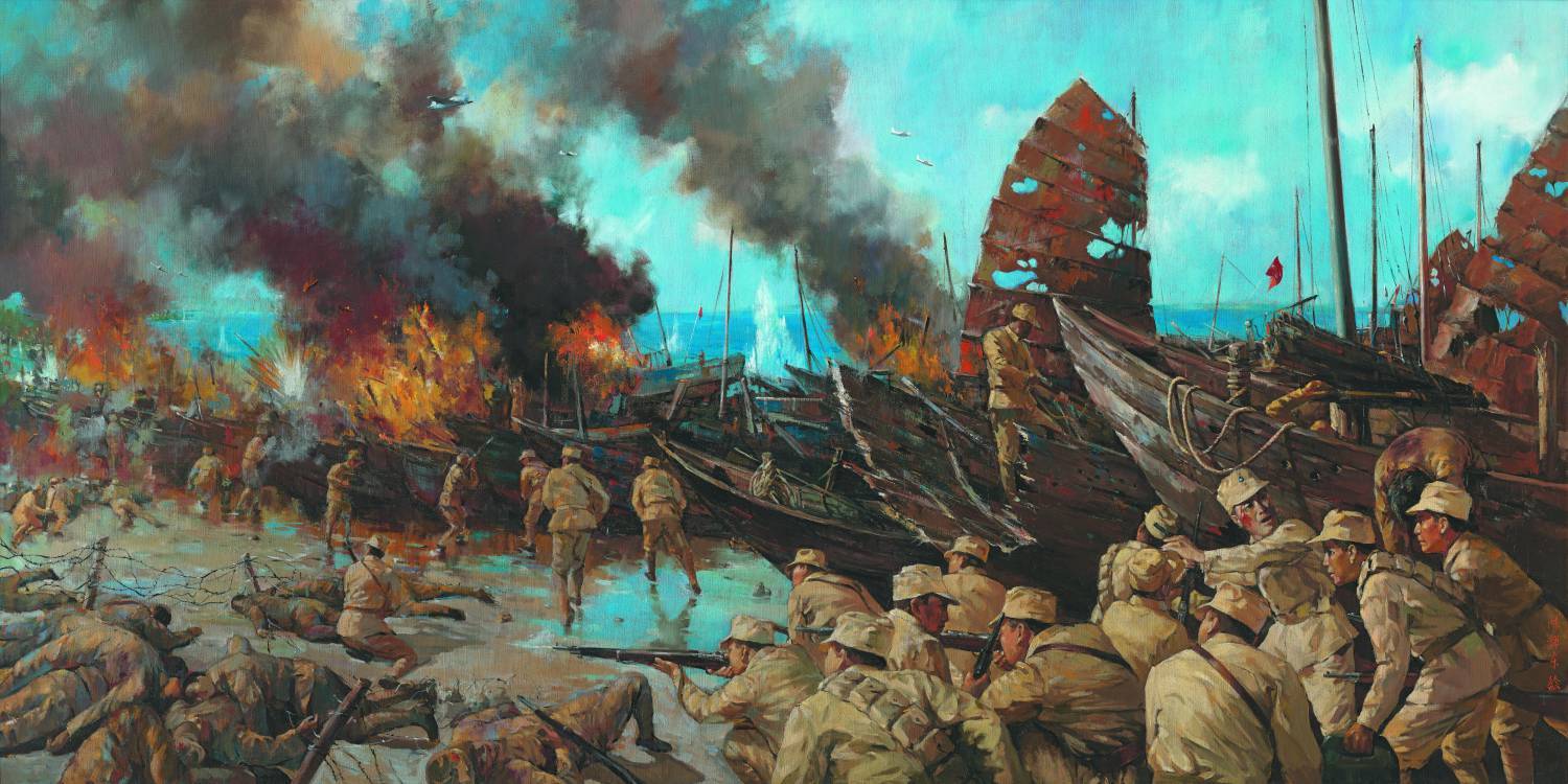 當年的戰事過程雖缺乏影像紀錄，卻藉油畫留下記憶的一幕（作品〈火燒船隻〉，陳輝東繪）