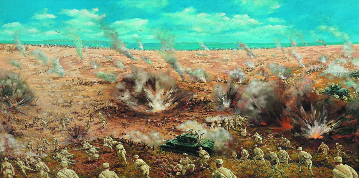 歷時3日的古寧頭戰役，守護了臺灣日後的民主發展（作品〈登陸激戰〉，施並錫繪）