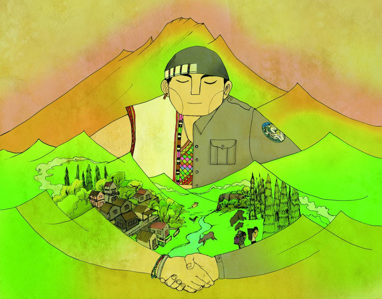 以插畫表現原住民保育巡查員從管理處和部落間的夾心餅變成兩者的橋梁（王俊仁繪）