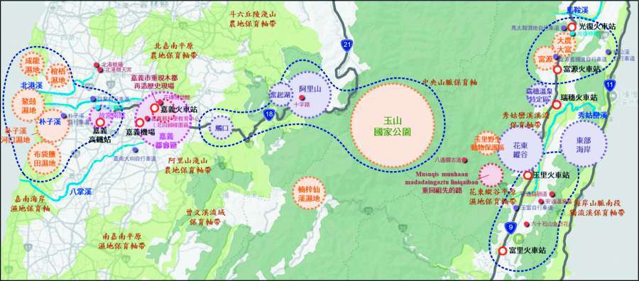 示範子軸帶3：嘉義都會圈結合北港溪、朴子溪、八掌溪所串接的嘉南海岸濕地、北嘉南平原與阿里山淺山農地，銜接至阿里山林業鐵路、阿里山公路沿線旅遊帶，再延伸到玉山國家公園，接續鏈結中花東觀光／生活圈。