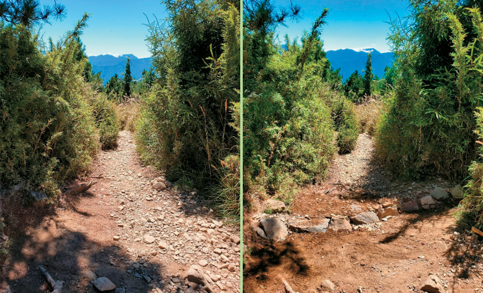 為雪山主東峰線施作砌石導流溝前（右）後（左）對照圖