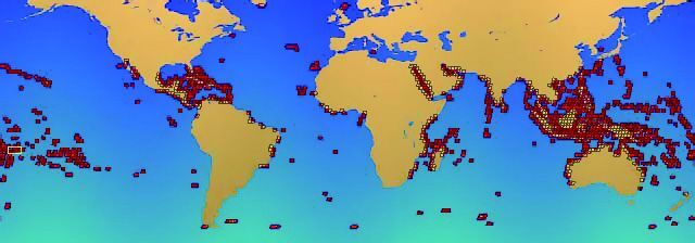 全球珊瑚礁分布圖(Wikipedia)